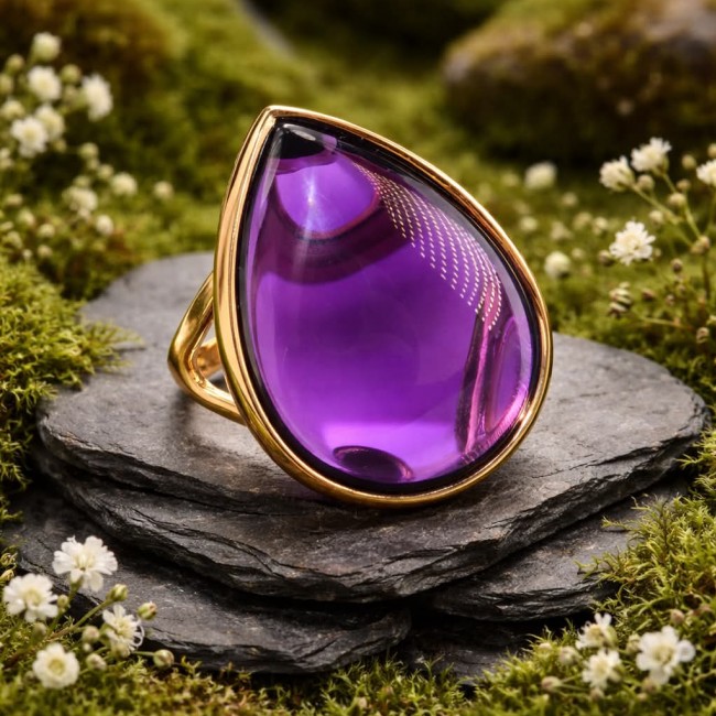 Purple Royalty 25.5 carat Amethyst .925 Sterling Silver dipped in 18K Gold over Handcrafted Ring size 7 - Close-up of purple amethyst ring on a stone surface with floral background.