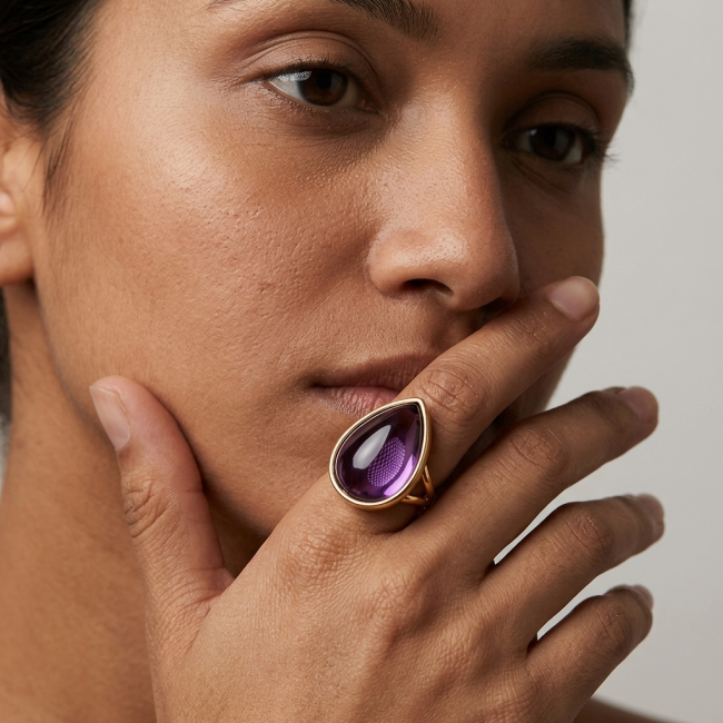 Purple Royalty 25.5 carat Amethyst .925 Sterling Silver dipped in 18K Gold over Handcrafted Ring size 7 - Amethyst ring close-up, worn on hand.