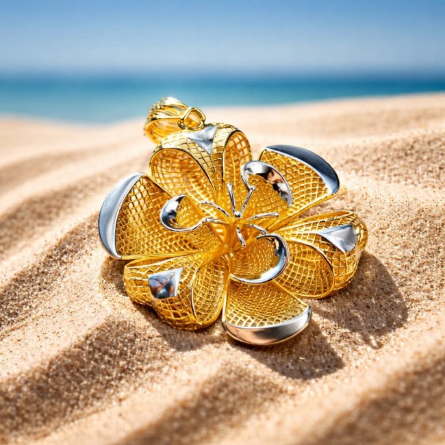 Dubai Style - Golden Rose .925 Sterling Silver dipped in 22K Gold handmade Pendant - Golden rose jewelry on sand, close-up view.