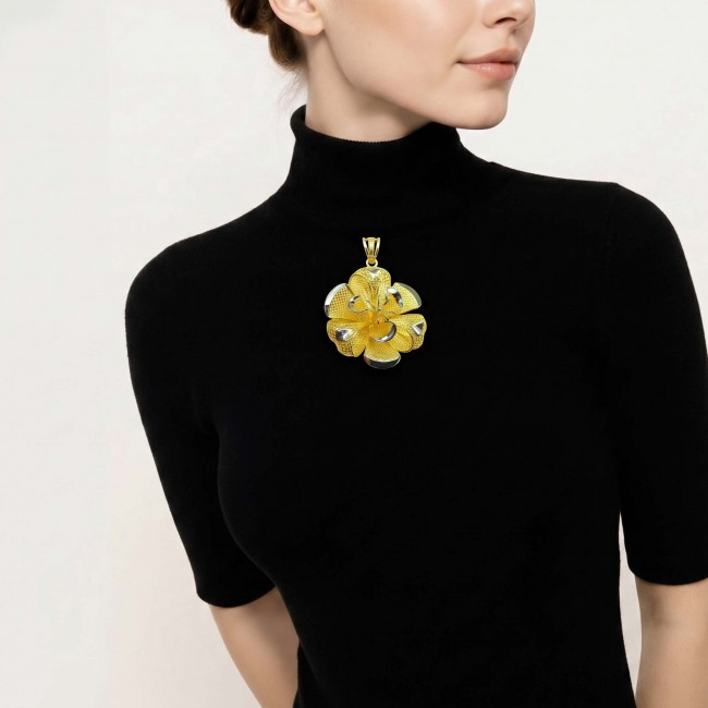 Dubai Style - Golden Rose .925 Sterling Silver dipped in 22K Gold handmade Pendant - Woman wearing large golden rose pendant on black turtleneck.