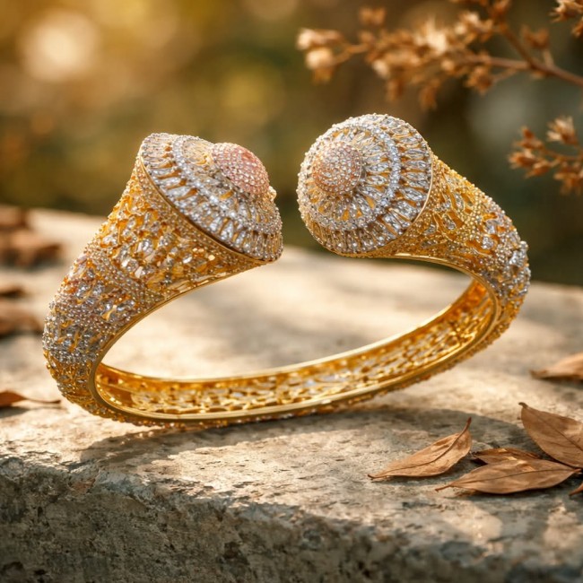 Art Deco Genuine 76.5 carat White Topaz .925 Sterling Silver handcrafted 2 tones Statement bracelet - Side view of Art Deco bangle with white topaz on textured surface.