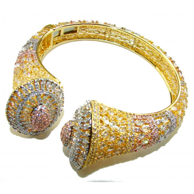 Art Deco Genuine 76.5 carat White Topaz .925 Sterling Silver handcrafted 2 tones Statement bracelet - Top view of Art Deco bracelet with white topaz and intricate detailing.