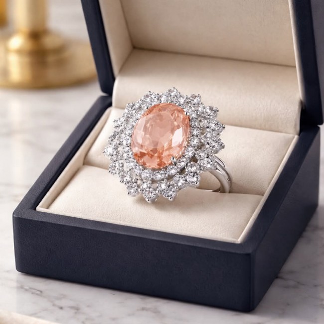 Authentic oval cut 9.2 carat Morganite 14K White Gold over .925 Sterling Silver ring s. 8 1/4 - Oval morganite ring in box, top view.