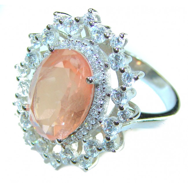 Authentic oval cut 9.2 carat Morganite 14K White Gold over .925 Sterling Silver ring s. 8 1/4 - Morganite ring side view, 9.2 carat, with diamond halo in white gold.