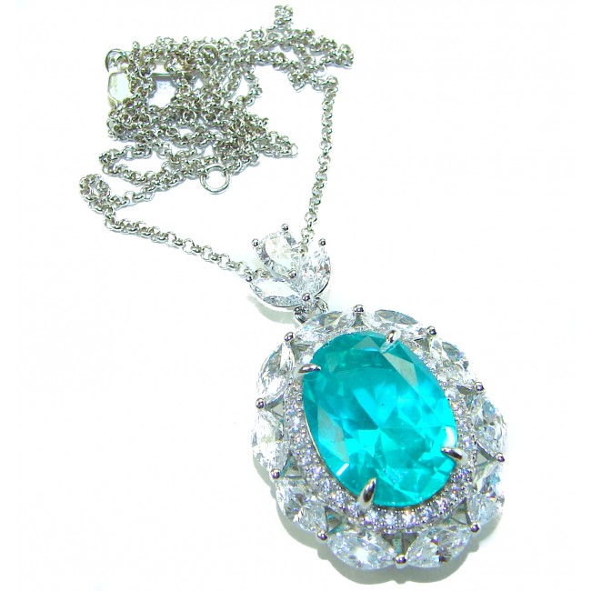 Wonderland 15.8 carat classic oval cut Paraiba Tourmaline .925 Sterling Silver Handcrafted Statement necklace - Pendant necklace with oval Paraiba tourmaline, top view.
