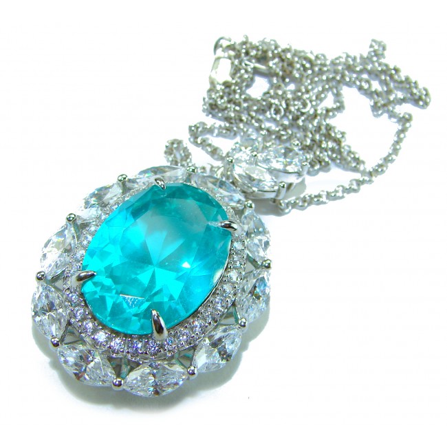 Wonderland 15.8 carat classic oval cut Paraiba Tourmaline .925 Sterling Silver Handcrafted Statement necklace - Close-up of Wonderland 15.8 carat oval Paraiba Tourmaline necklace.