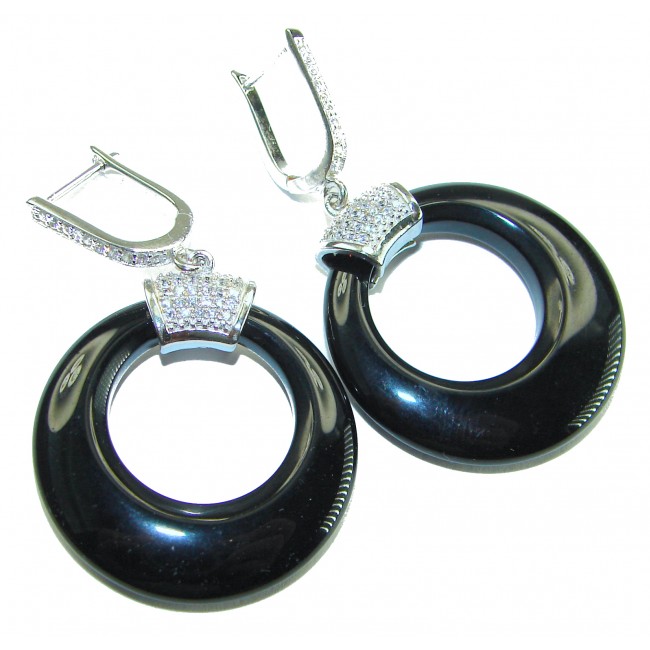 Outstanding authentic Onyx .925 Sterling Silver Earrings - Black onyx sterling silver earrings, side view with clasp detail.