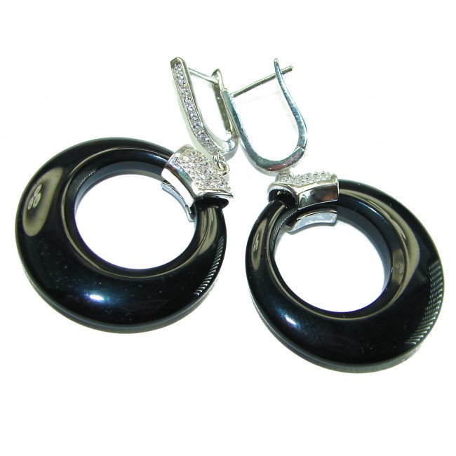 Outstanding authentic Onyx .925 Sterling Silver Earrings - Close-up of Onyx and .925 Sterling Silver earrings with clasp detail