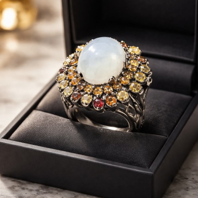 Best quality Genuine Fire Moonstone Sapphire black rhodium over .925 Sterling Silver handcrafted ring size 8 1/4 - Moonstone ring with sapphire close-up in black display box