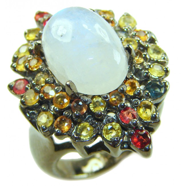 Best quality Genuine Fire Moonstone Sapphire black rhodium over .925 Sterling Silver handcrafted ring size 8 1/4 - Close-up of a moonstone and sapphire ring with black rhodium finish.