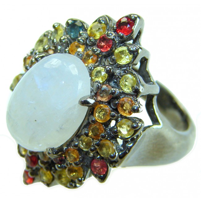 Best quality Genuine Fire Moonstone Sapphire black rhodium over .925 Sterling Silver handcrafted ring size 8 1/4 - Close-up of moonstone ring with colorful sapphires and black rhodium.