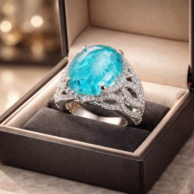 Gabriella 4.2 carat authentic Paraiba Tourmaline rhodium over .925 Sterling Silver handcrafted Statement Ring size 7 1/4 - Close-up of Gabriella 4.2 ct Paraiba Tourmaline ring in box