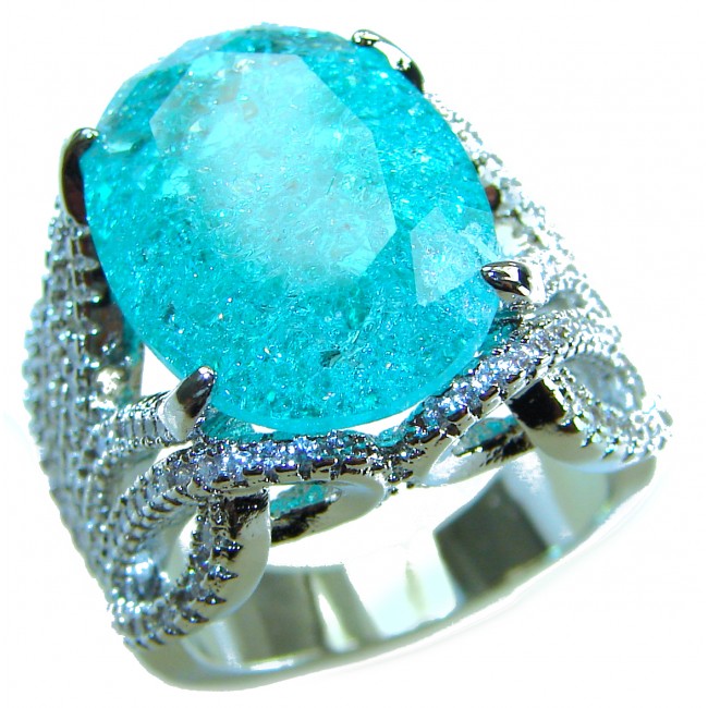 Gabriella 4.2 carat authentic Paraiba Tourmaline rhodium over .925 Sterling Silver handcrafted Statement Ring size 7 1/4 - Close-up of Gabriella 4.2 carat Paraiba Tourmaline ring in rhodium.