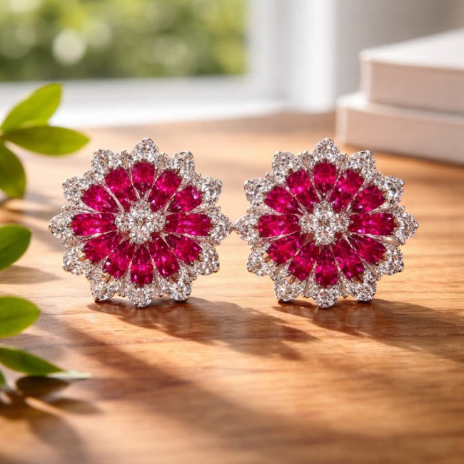 Bella Rosa Genuine 22.8 carat Ruby .925 Sterling Silver dipped in rhodium Statement brilliantly handcrafted earrings - Front view of Bella Rosa 22.8 carat Ruby Sterling Silver earrings.