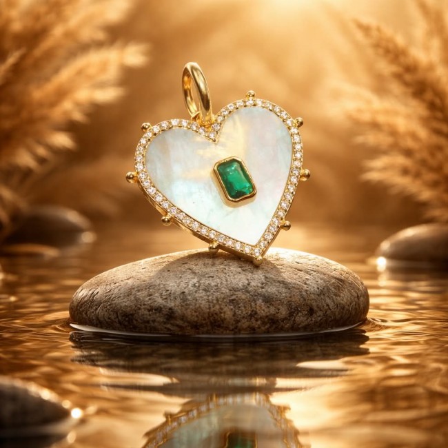Precious Heart Blister Pearl 0.9 carat Emerald .925 Sterling Silver dipped in 18K Gold Pendant - Heart-shaped pendant with emerald on a stone, front view, warm lighting.