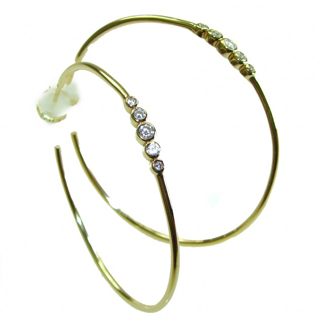 Allure Natural 4.2 carat White Topaz .925 Sterling Silver dipped in 18K Gold handcrafted hoop earrings 1 7/8 inch long - Gold hoop earrings with white topaz stones, side view.