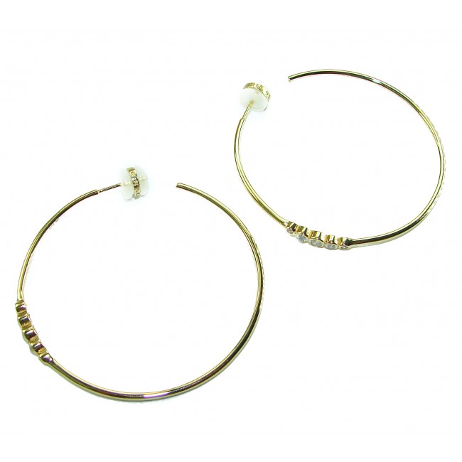 Allure Natural 4.2 carat White Topaz .925 Sterling Silver dipped in 18K Gold handcrafted hoop earrings 1 7/8 inch long - Gold hoop earrings with white topaz, side view showing clasp detail.