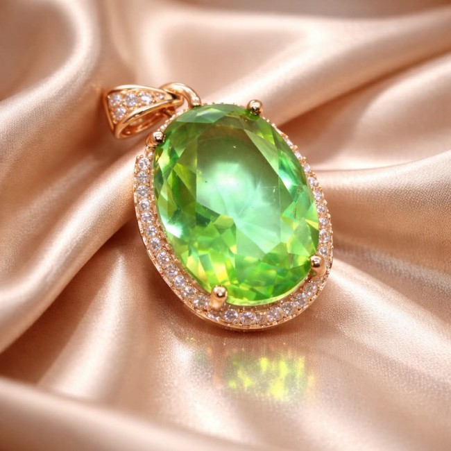 Royalty 9.9 carat authentic Himalayan Peridot 22K Gold over .925 Sterling Silver Handcrafted Statement pendant - Close-up of Himalayan Peridot pendant in 22K gold setting on satin fabric.