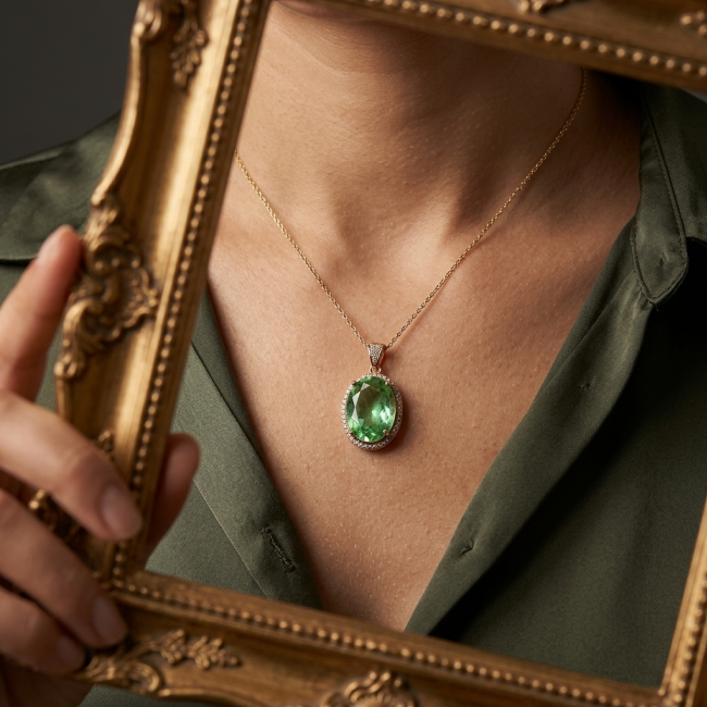 Royalty 9.9 carat authentic Himalayan Peridot 22K Gold over .925 Sterling Silver Handcrafted Statement pendant - Worn on neck, oval green peridot pendant in gold frame detail.