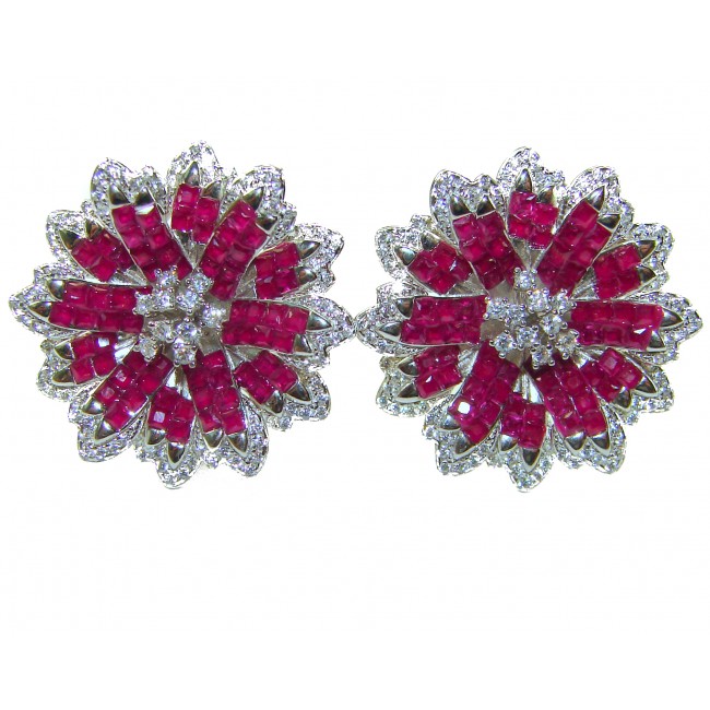 Bella Rosa Genuine 22.8 carat Ruby .925 Sterling Silver dipped in rhodium Statement brilliantly handcrafted earrings - Ruby earrings front view, silver setting, floral design, 22.8 carats.