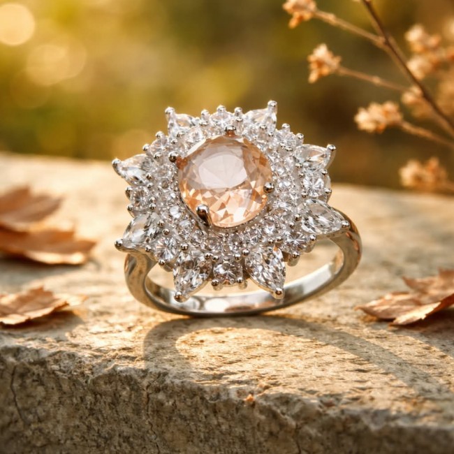 Isabella Authentic emerald cut 4.8 carat Morganite .925 Sterling Silver ring s. 8 - Close-up of Isabella Authentic Morganite ring in natural light.