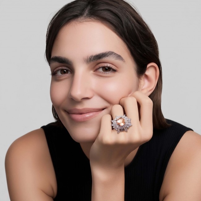 Isabella Authentic emerald cut 4.8 carat Morganite .925 Sterling Silver ring s. 8 - Woman wearing Isabella 4.8-carat Morganite ring, front view.