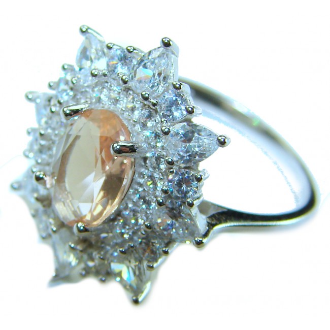 Isabella Authentic emerald cut 4.8 carat Morganite .925 Sterling Silver ring s. 8 - Side view of Isabella Morganite ring with diamond accents and silver band