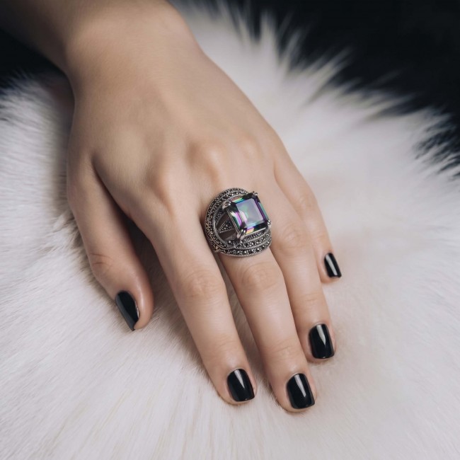 Big Dreamer Massive 17.8 carat Mystic Topaz .925 Sterling Silver handcrafted Large ring size 7 - Mystic Topaz ring worn on hand with black nail polish