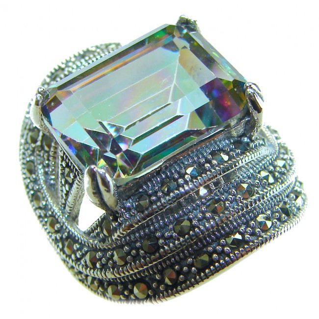 Big Dreamer Massive 17.8 carat Mystic Topaz .925 Sterling Silver handcrafted Large ring size 7 - Close-up of Mystic Topaz ring with detailed silver setting.