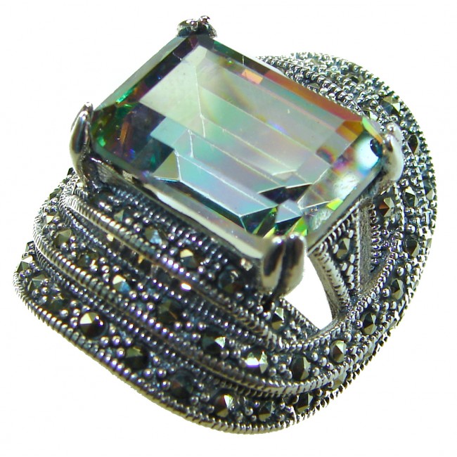 Big Dreamer Massive 17.8 carat Mystic Topaz .925 Sterling Silver handcrafted Large ring size 7 - Close-up of massive Mystic Topaz ring in ornate sterling silver setting