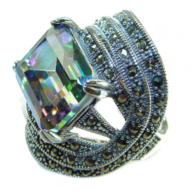 Big Dreamer Massive 17.8 carat Mystic Topaz .925 Sterling Silver handcrafted Large ring size 7 - Close-up of Mystic Topaz ring with intricate sterling silver band.