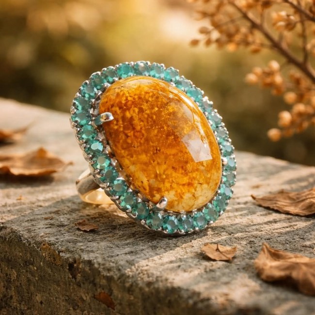 Massive Solid 35.8 carat Genuine Yellow Sapphire Colombian Emerald .925 Sterling Silver handcrafted ring size 7 3/4 - Close-up of 35.8 carat yellow sapphire with turquoise halo setting.