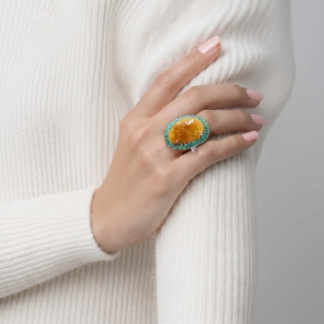 Massive Solid 35.8 carat Genuine Yellow Sapphire Colombian Emerald .925 Sterling Silver handcrafted ring size 7 3/4 - Worn on hand: Massive 35.8 carat Yellow Sapphire ring with blue accents.