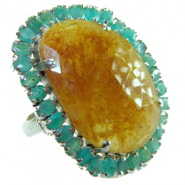 Massive Solid 35.8 carat Genuine Yellow Sapphire Colombian Emerald .925 Sterling Silver handcrafted ring size 7 3/4 - Close-up of massive yellow sapphire ring with teal gemstone halo