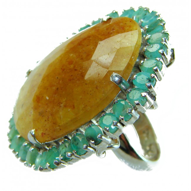 Massive Solid 35.8 carat Genuine Yellow Sapphire Colombian Emerald .925 Sterling Silver handcrafted ring size 7 3/4 - Close-up of massive yellow sapphire ring with green accents.
