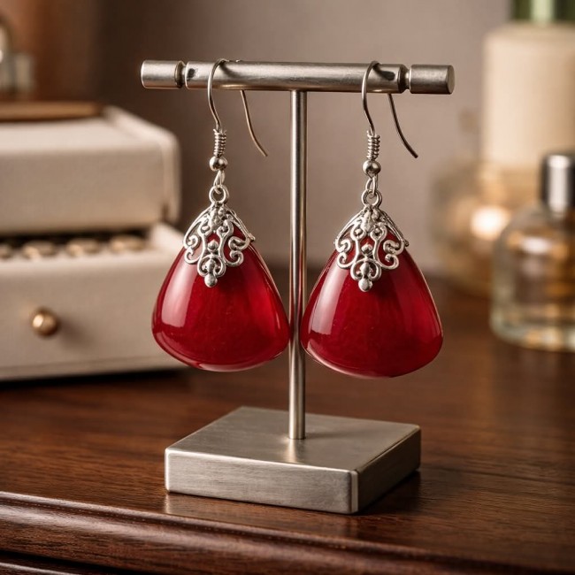 Elizabeth Natural Fossilized Coral .925 Sterling Silver handcrafted earrings - Red coral earrings with silver filigree on display stand, front view.