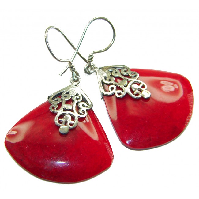 Elizabeth Natural Fossilized Coral .925 Sterling Silver handcrafted earrings - Red fossilized coral earrings with silver detail, front view.