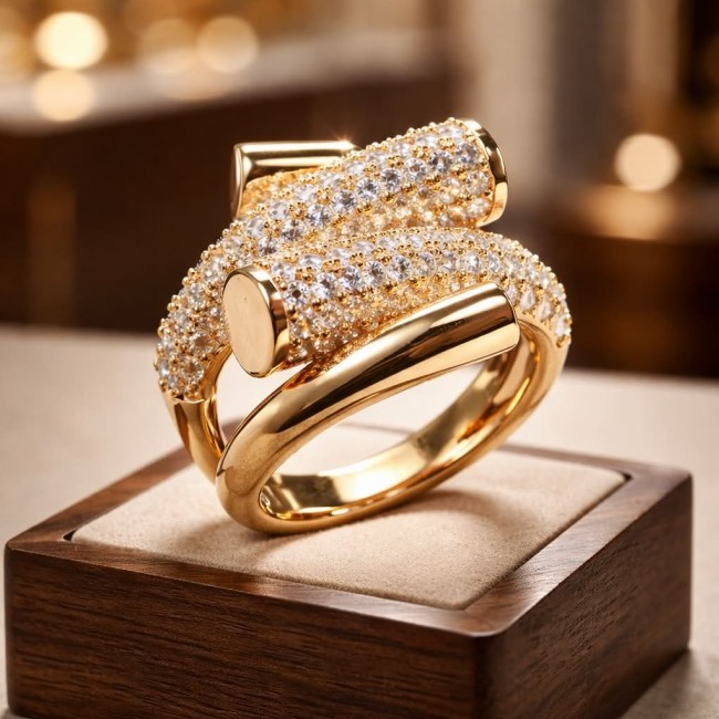 SPECTACULAR 5.9 carat White Topaz Sterling Silver Italy made Silver dipped in 18K ROSE Gold Ring size 7 1/4 - Elegant gold and topaz ring close-up displayed on a wooden stand.