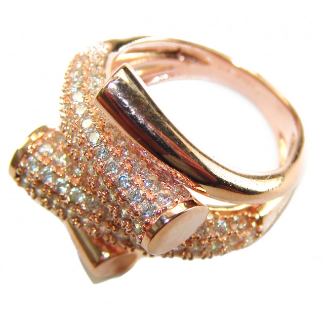 SPECTACULAR 5.9 carat White Topaz Sterling Silver Italy made Silver dipped in 18K ROSE Gold Ring size 7 1/4 - Top view of a rose gold ring with white topaz stones.