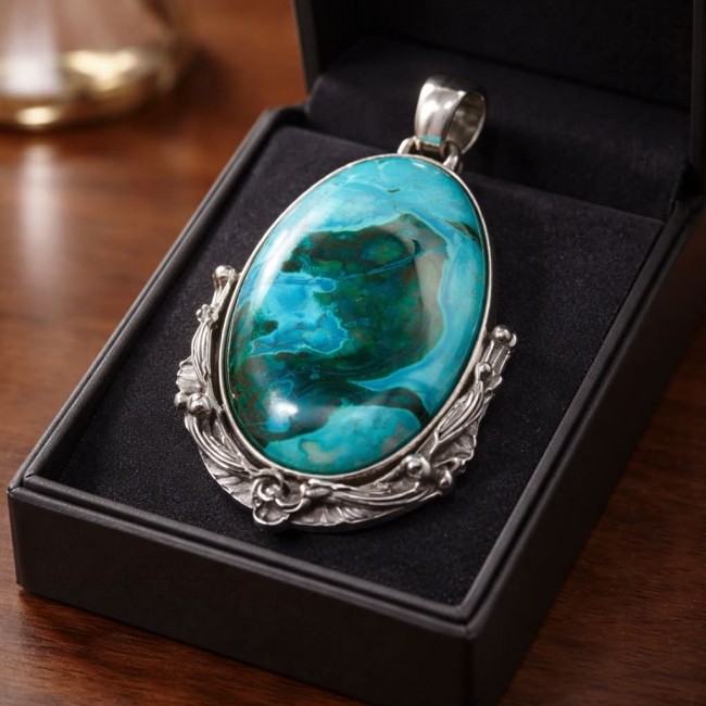 Colors of the Earth Authentic Chrysocolla .925 Sterling Silver handcrafted Large Pendant - Chrysocolla pendant in box, close-up of stone and ornate silver setting.