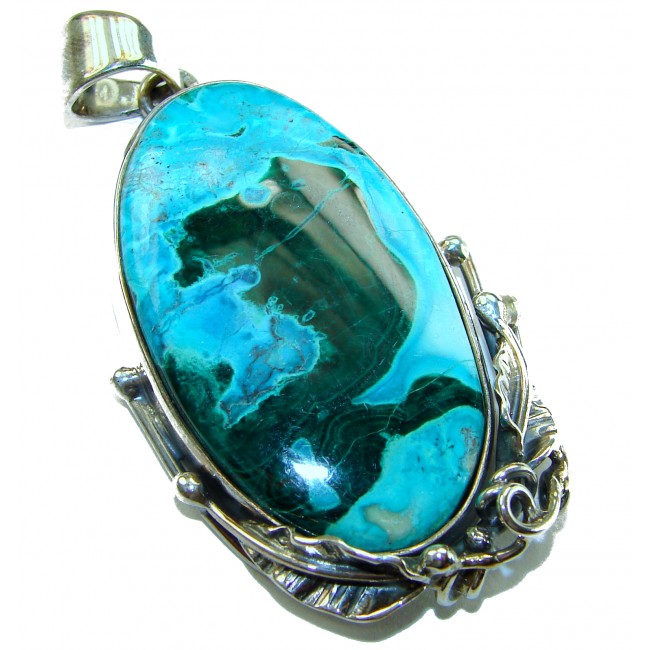 Colors of the Earth Authentic Chrysocolla .925 Sterling Silver handcrafted Large Pendant - Stone close-up of Colors of the Earth Chrysocolla pendant
