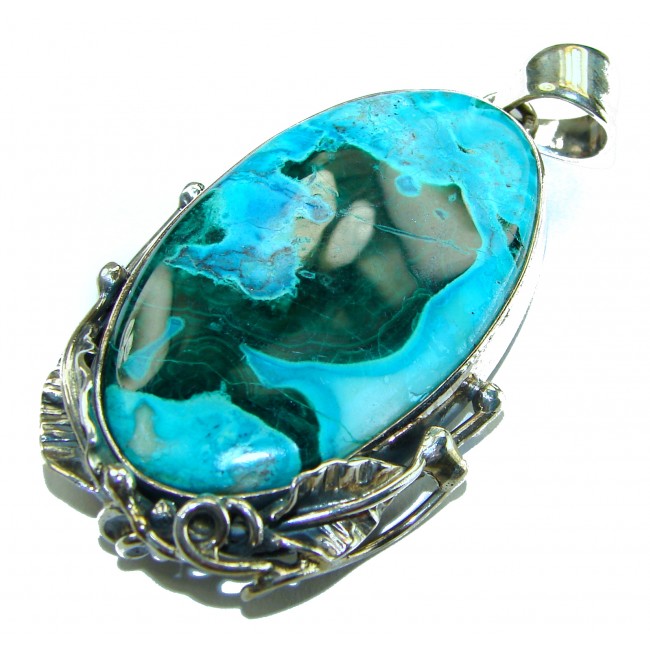 Colors of the Earth Authentic Chrysocolla .925 Sterling Silver handcrafted Large Pendant - Chrysocolla pendant stone close-up with sterling silver detailing
