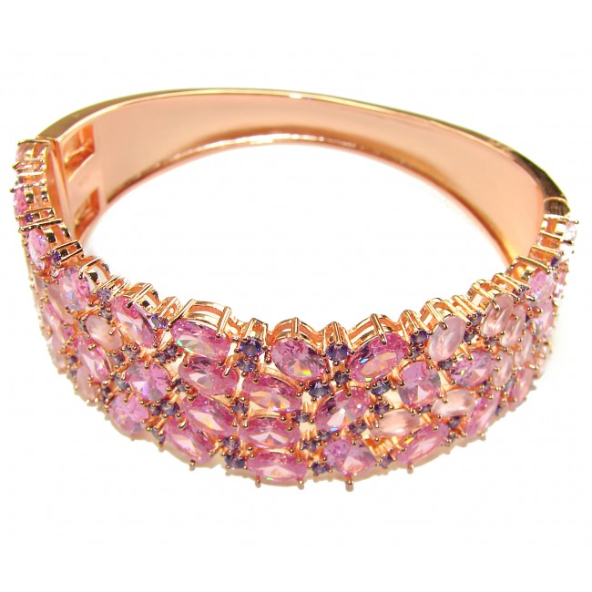 Luxurious 85.4 carat Pink Sapphire 22K real ROSE Gold over .925 Sterling Silver handcrafted Bracelet - Pink sapphire bracelet in rose gold, angled side view.