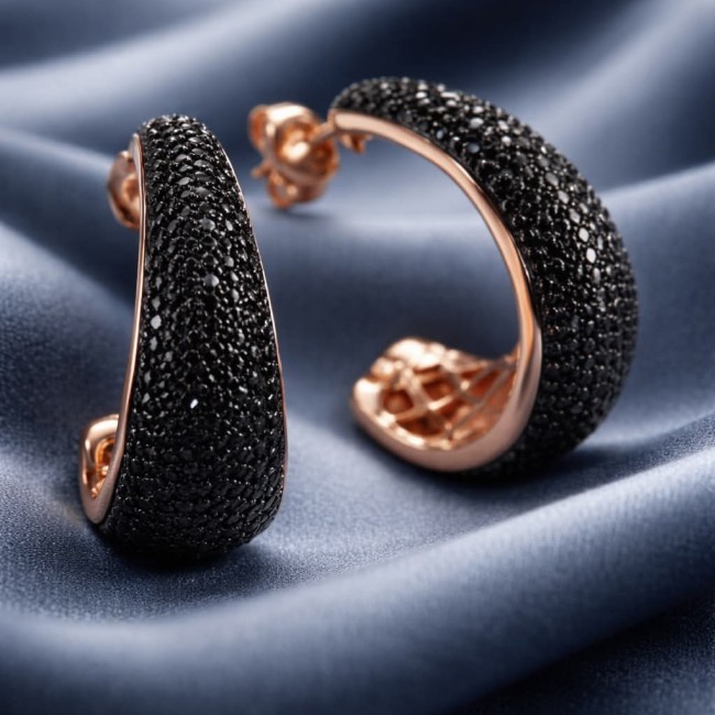 Authentic 6.2 carat Black Diamond 22K Rose Gold over .925 Sterling Silver handcrafted earrings - Side view of black diamond earrings on rose gold setting.