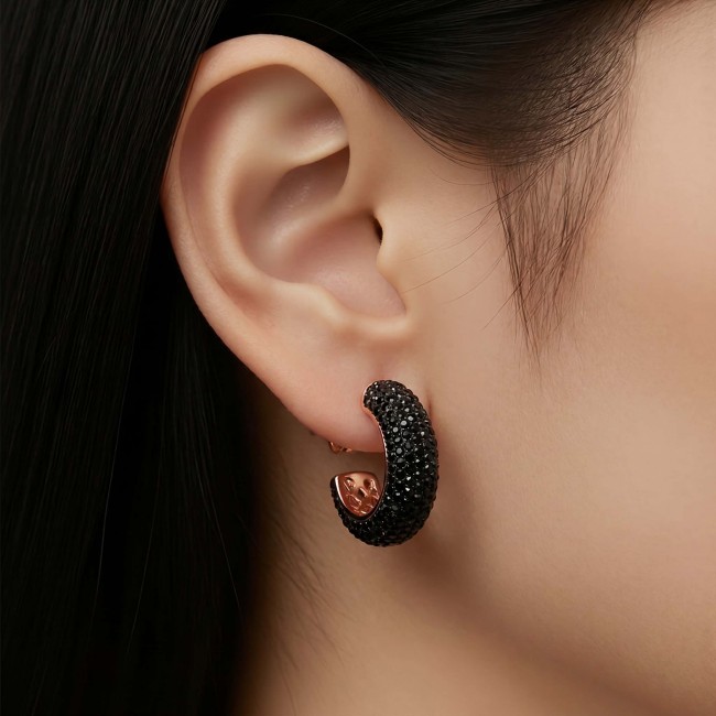Authentic 6.2 carat Black Diamond 22K Rose Gold over .925 Sterling Silver handcrafted earrings - Side view of 6.2 carat black diamond hoop earring in ear.