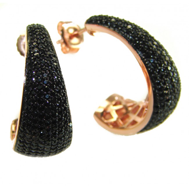 Authentic 6.2 carat Black Diamond 22K Rose Gold over .925 Sterling Silver handcrafted earrings - Black diamond hoop earrings, side angle, rose gold setting.