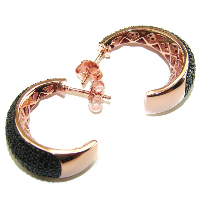 Authentic 6.2 carat Black Diamond 22K Rose Gold over .925 Sterling Silver handcrafted earrings - Rose gold earrings with black diamonds, side view, showcasing details.