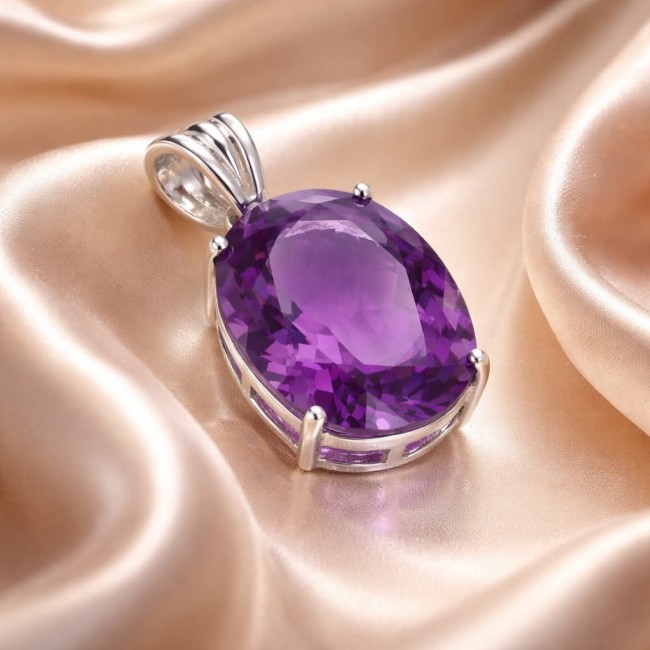 Mademoiselle - 21.5 carat natural Amethyst .925 Sterling Silver dipped in 22K White Gold handcrafted Pendant - Amethyst pendant stone close-up on satin background