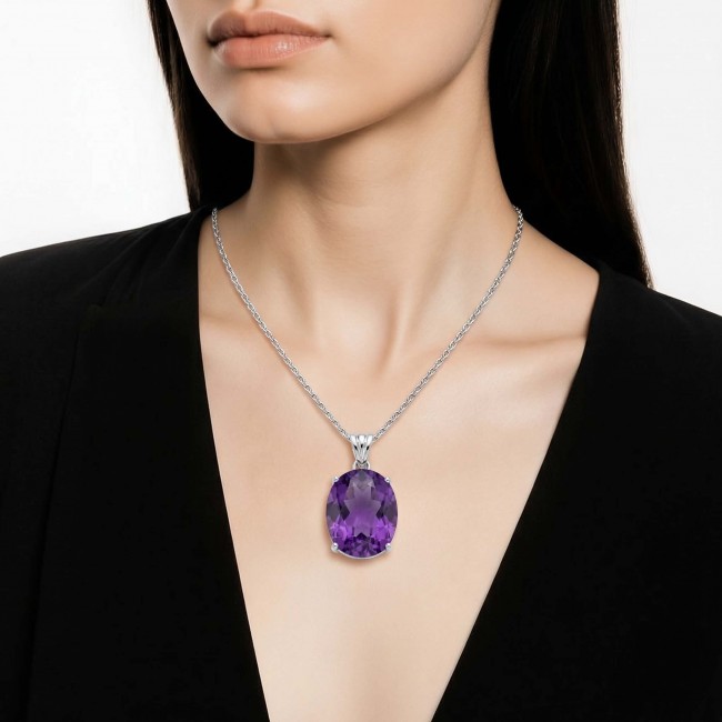 Mademoiselle - 21.5 carat natural Amethyst .925 Sterling Silver dipped in 22K White Gold handcrafted Pendant - Amethyst necklace, worn view, .925 Sterling Silver, 21.5 carat stone.