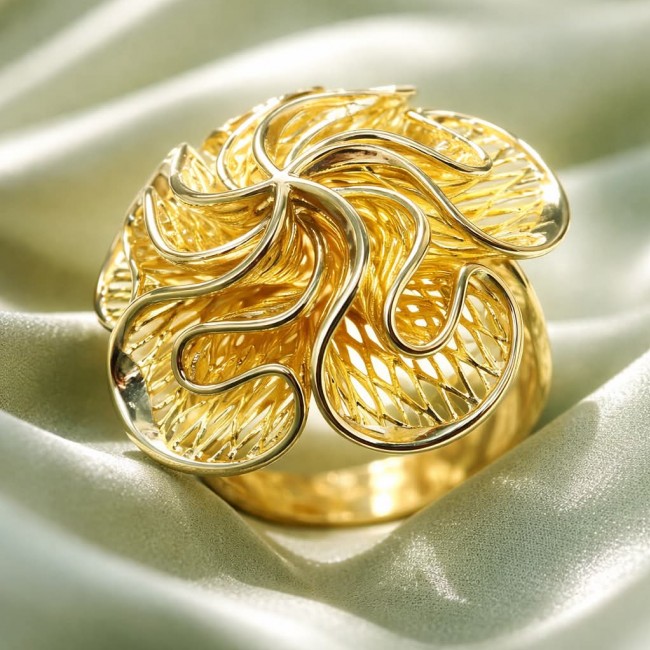 Dubai Style - .925 Sterling Silver dipped in 22K Gold handmade Large ring size 9 1/4 - Gold-plated intricate ring, top view on satin background.